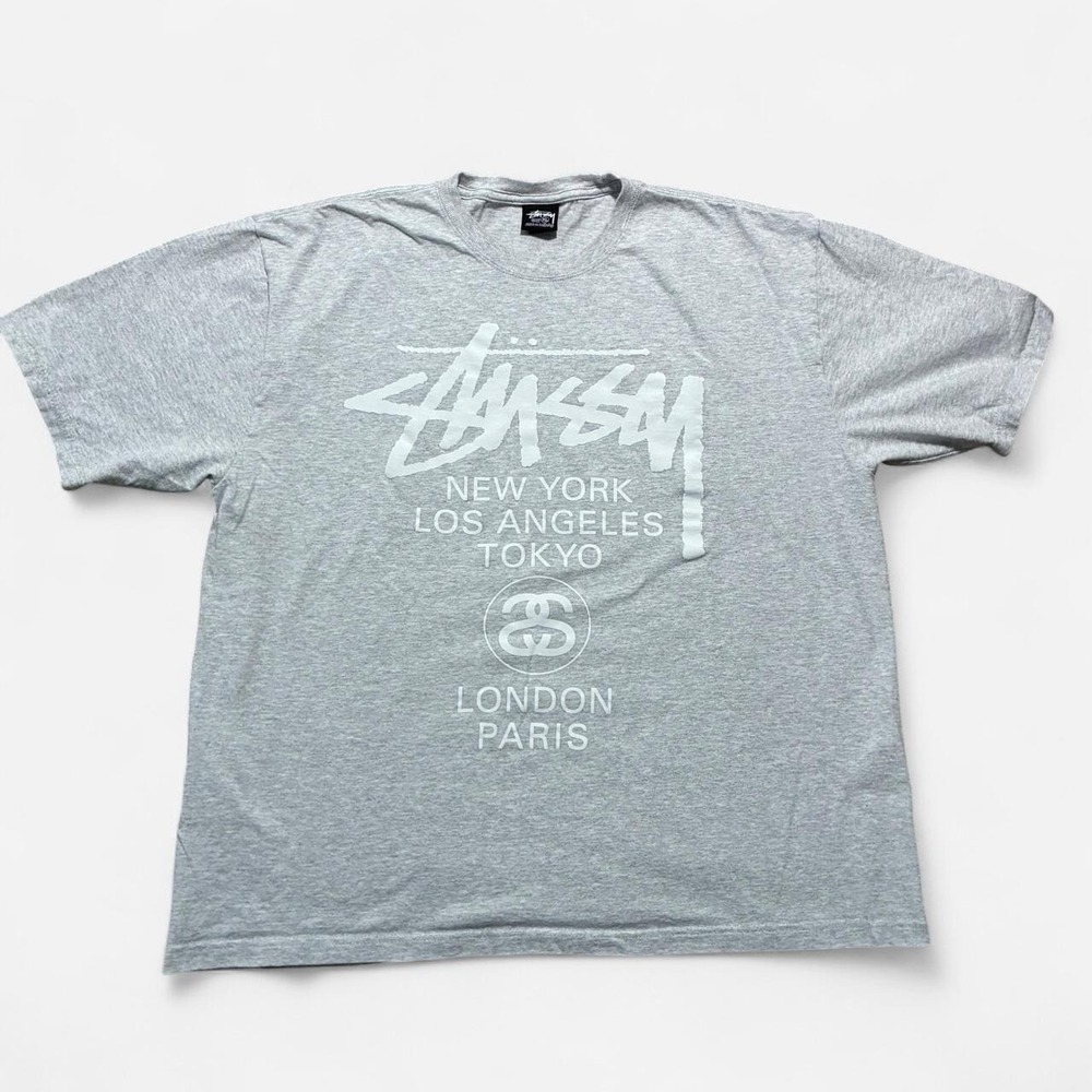 Grey Stussy World tour streetwear skater t-shirt mint condition